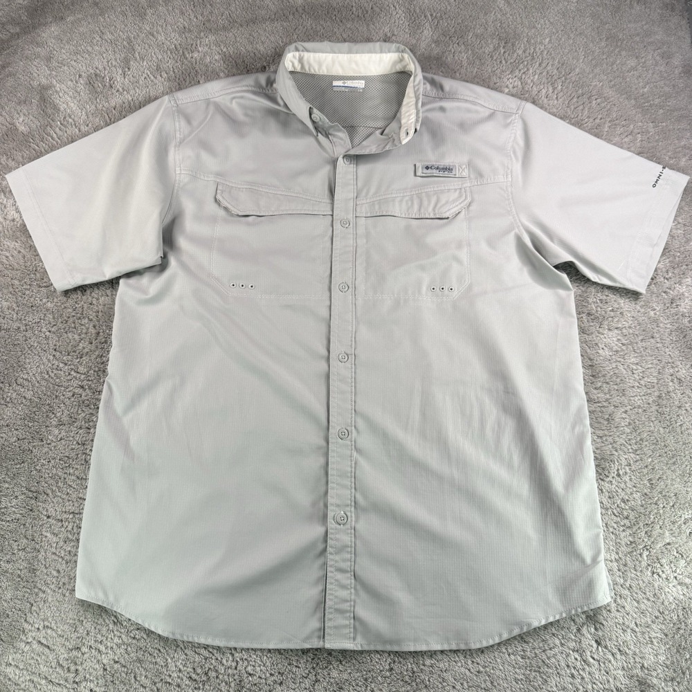 Columbia PFG Mens Large Gray Omni-Shade Fishing Shirt Mesh Lined Short Sleeve